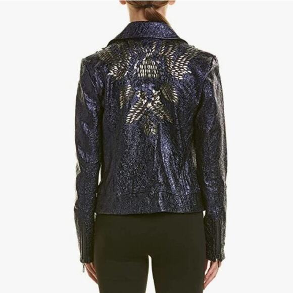 ELIE TAHARI WOMENS MAE LAMB LEATHER METALLIC Moto jacket size XL NEW $1798 MSRP - Picture 2 of 16